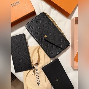 Louis Vuitton Felicie Pouchette Black Embossed Leather Clutch with Gold Chain